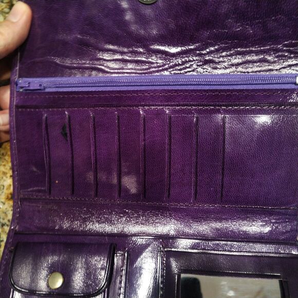 Mexican Hand Tooled Leather Trifold Clutch Wallet Clutch Floral Deep Purple - Picture 5 of 8